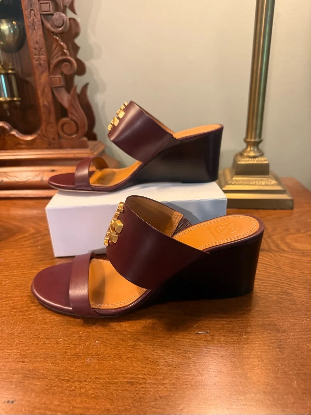 Tory Burch Burgundy Leather Wedge Sandals with Gold Logo